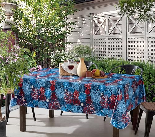 Newbridge Rectangle Vinyl Flannel Backed Tablecloth, 60 x 120 Inch, Fireworks Celebration, Indoor/Outdoor Party Table Cover, Americana Red, White and Blue Fireworks, Barbecue Party