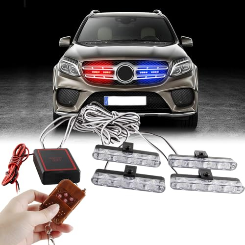 Sidaqi 4x4LED 4 en 1 télécommande sans fil 12V stroboscopique d'urgence lumière clignotant pour voiture camion DRL lumière de police ambulance (Rouge&Bleu)
