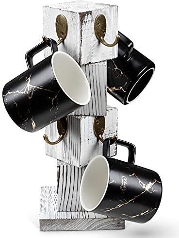 PUERSI Coffee Mug Holder for Counter, Rustic Solid Wood Mug Tree, Farmhouse Wooden Coffee Cup Rack, Distressed Mug Stand with 8 Hooks (Farmhouse White)