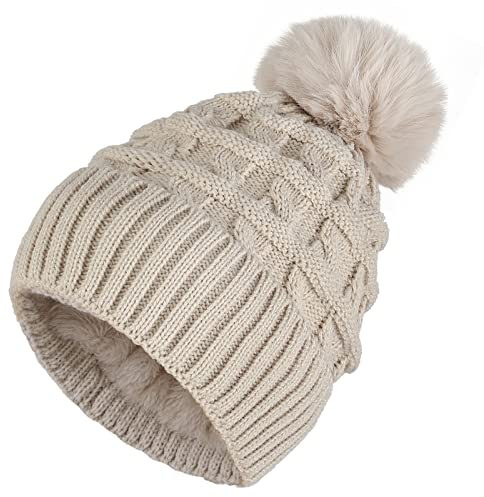 Sibba Strickmütze Bommelmütze für Damen Winter warme Cuffed Strick Beanie Dick Futter Hüte Thermo Gefütterte Fleece Slouch Wintermütze Wollmützen Gestrickte mit Kunstfell Pelzbommel Pom Frauen Beige
