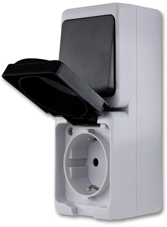 REV - AquaMini, Steckdose - A/W Schalterkombi Feuchtraum, 38% weniger Volumen, HxBxL: 48x56x145mm, IP54, zweipolig, 16A, Aufputz, grau