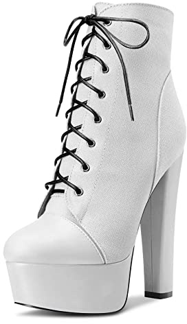 NobleOnly Mujer Chunky Ancho Plataforma Alto High Heel Redonda Punta Cordones Cremallera Botines Clásico Zapatos Blanco 38 EU