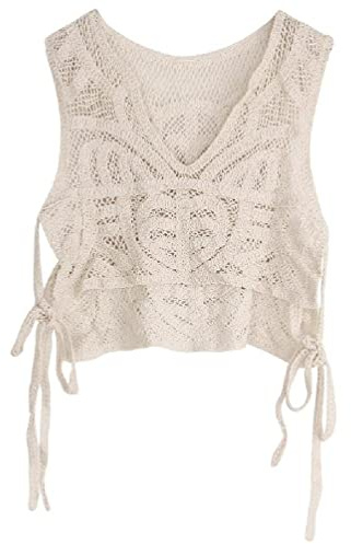 Myazs Chaleco de punto de ganchillo hueco para mujer, chaleco sexy con cuello en V dividido, vendaje de playa, sin mangas, para top de ganchillo blanco