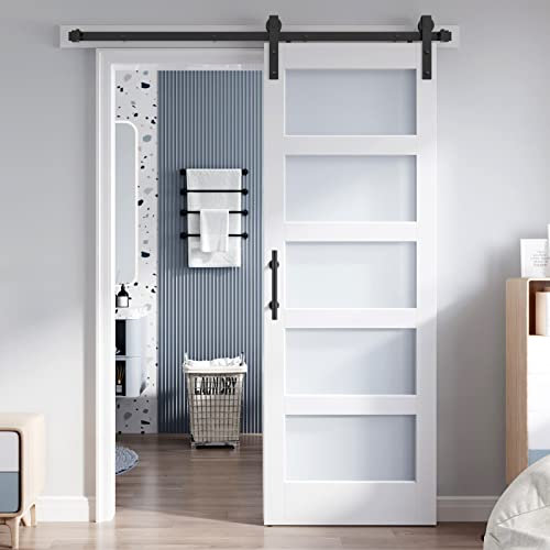 ROYMELO 32x80 Inch Glass Sliding Barn Door Slab and 5.5ft Hardware Kit Included, 5 Frosted Glass, LVL Wood Panel Covered with White Water-Proof Scratch-Proof PVC Surface, Simple DIY Assembly