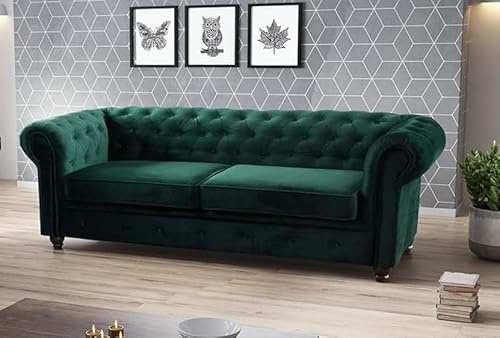 RestNest Chesterfield Sofa | Large 3 Seater Living Room Suite | Dark Green Plush Fabric Settee | Classic Button Tufted Arm Design