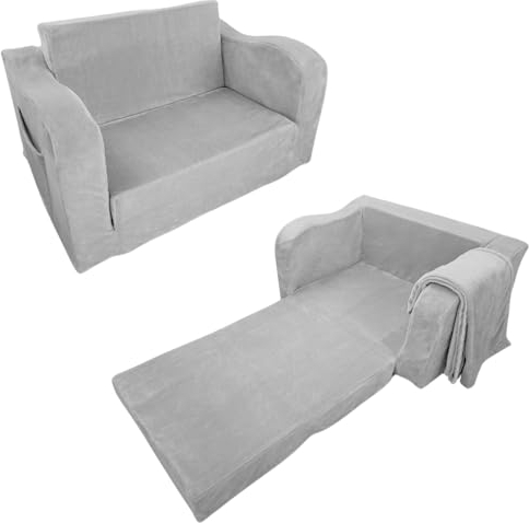 Wonder Space Vor-montiertes Kinder Schaumsofa mit Decke, Kleinkind 2-in-1 Konvertierbares Sofa, Innen Zusammenklappbarer Lounger Stuhl & Klappbares Bodenbett für Jungen & Mädchen (Grau)