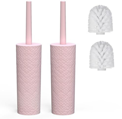 Scopino per WC, set di 2 scopini e supporti per WC con manico in plastica e setole morbide flessibili, 4 testine per scopino per WC, ergonomico, elegante, durevole (rosa)