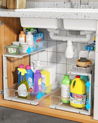 UMDONX 2 Pack Under Sink Storage Kitchen Organiser Pull out Drawers 2 Tier -5 Height Adjustable Option, Organisation for Bathroom Pantry Cabinet - White Durable Metal Frame