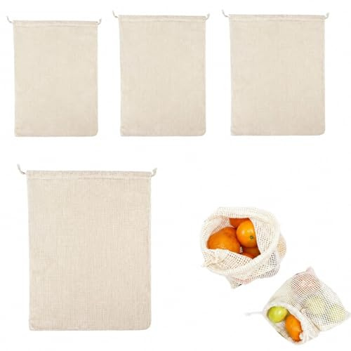 Sac Filet de Cuisine Multi-Usage - Sachets de Cuisson en Maille, 4 Tailles, 100% Coton, Résistant à Haute Température, Durable et Réutilisable, Pour Légumes, Légumineuses et Conservation de