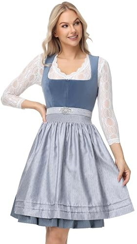 ELFIN Damen Midi Dirndl, Elegante Trachtenkleid, Samt Damen Dirndlkleid mit Plissee Schürze, Perfekt für Oktoberfest, Grau, 44