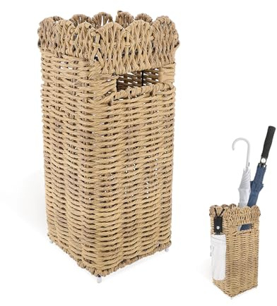 Woven Umbrella Stand for Entryway, PE Rattan Umbrella Holder Basket with Removable Drip Tray, Scalloped Square Cane Stand for Umbrellas, Walking Sticks, Wrapping Paper, Farmhouse Porch Decor, 16.5