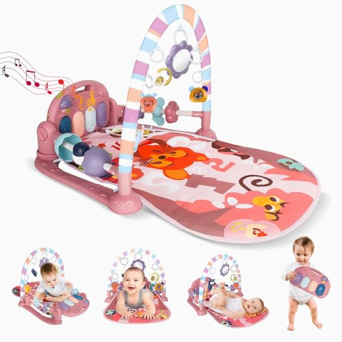 Baby Play Mat Gym, Funny Play Piano Tummy Time Baby Activity Mat with 5 Infant Sensory Toys, Music and Lights Boy & Girl Gifts for Newborn Baby 0 to 3 6 9 12 Months (Pink)