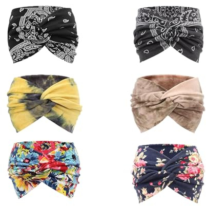 LynixTrade Wide Headbands for Women's Hair Head Bands Adult Women Elastic Head Bands Soft Ladies Boho Fashion Bandanas Knot Twisted Knot Hair Accessories Elastic Fashion Yoga Headband (6pcs, One size)