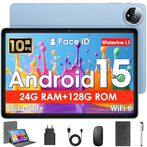Tablette 10 Pouces, Tablette Android 15 avec Étui, Souris & Clavier, Octa-Core, 24 Go RAM + 128 Go ROM + 1 TO TF, Écran IPS HD 1280x800, Caméra Double, 6000 mAh, WiFi 6, BT 5.0, Widevine L1 (Bleu)