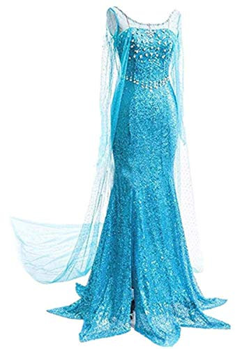 LOBTY Damen Elegante Prinzessin Kleid Bodenlang Rundausschnitt Pailletten-Kleid Frauen Langes Abendkleid Weihnachten Halloween Festlich Kleid Fasching Karneval Verkleidung Cosplay Kleider S-XXL, Blau