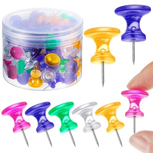 Outus 60 Pcs Giant Push Pins Jumbo Tacks 1 Inch Plastic Head for Cork Board Map Posters Decorations Gifts Under 10 Dollars (Rose Red,Yellow,Blue,Green,Clear)