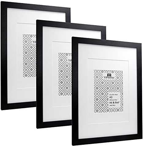 A3 Black Pictures Frames Set of 3 With Mount for A4, A4 Picture Frames, A3 poster Frames with a delicate Wooden grain texture For Wallmounted