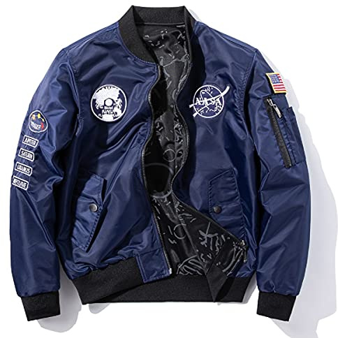CORIRESHA Reversible NASA Bomber Jacket with Embroidery Badges