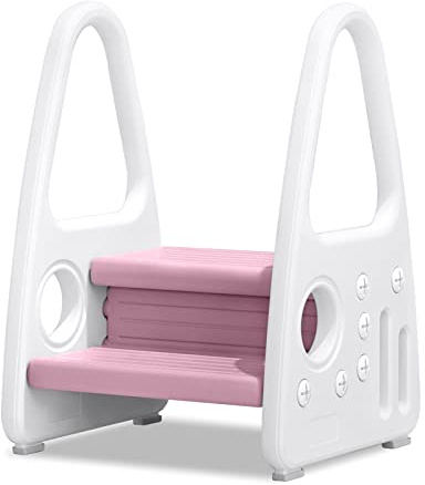 UISEBRT Sgabello per bambini, a 2 livelli, per bambini, a torre di apprendimento, antiscivolo, in plastica, per bagno, camera da letto, cucina, cameretta dei bambini, rosa