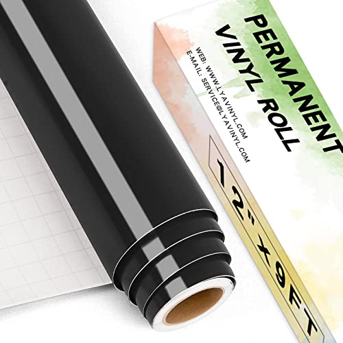 Glossy Black Permanent Vinyl Roll, Lya Vinyl 12 x 9ft Self Adhesive Vinyl for Cricut, Silhouette Cameo, Black Vinyl for Party Decoration, Window Stickers, Home Decor
