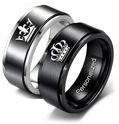 Personalizzato glassato corona coppia anelli all'interno del testo inciso Anelli di promessa per lui e lei personalizzato coppia bande per anniversario Matrimonio Fidanzamento (Nero-8mm-Spinner)