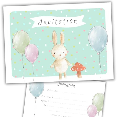 Naïris bijoux Lot de 8 cartes invitation anniversaire enfant - Garçon - Animaux - Lapin sur fond bleu avec des ballons en Aquarelle