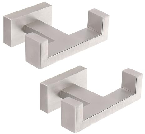 HarJue Ganchos para toallas de baño, ganchos de acero inoxidable 304, resistentes, impermeables, inoxidables, para baño y cocina, montaje en pared, doble toallero (níquel cepillado, paquete de 2)