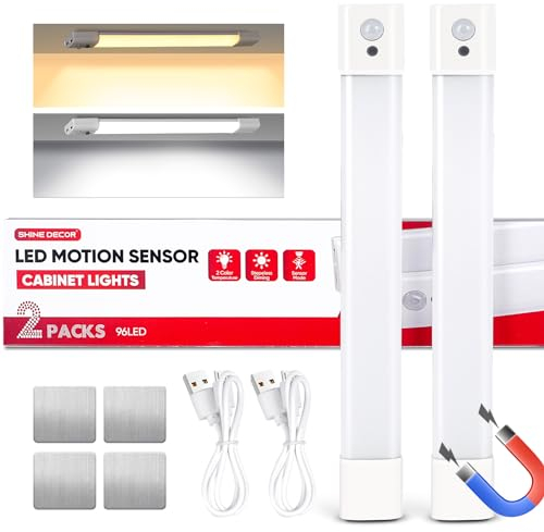 30CM Unterbauleuchte Küche LED, Schranklicht mit Bewegungsmelder, 96 LEDs 3000K/6000K Dimmbar, 2000mAh USB Wiederaufladbares, Schranklicht Schrankleuchte LED Leiste Für Treppe, Garderobe-2 Stück