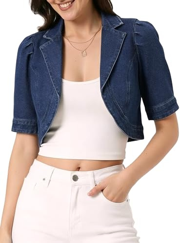 Allegra K Veste en Jean Femme à Manches Courtes et Col à Revers Boléro en Denim Blouson Jean Court