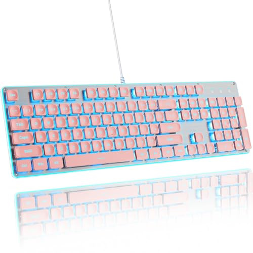 surmen G1000 skrivmaskin bakgrundsbelyst rosa tangentbord full storlek 104 tangenter med metallpanel, tyst membran tyst kontorsspeltangentbord USB kabelansluten för PC-stationär dator (rosa)