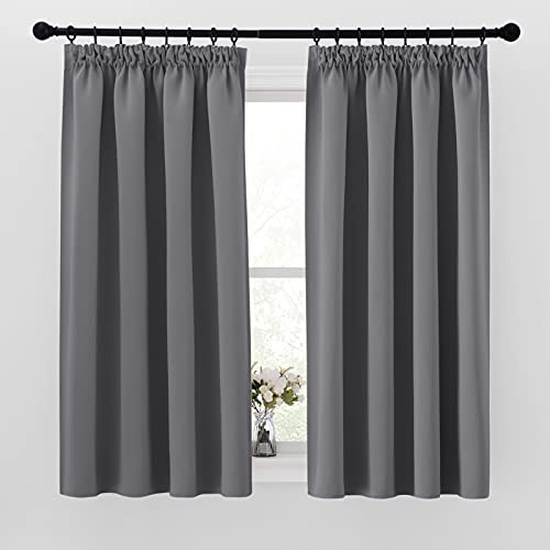 PONY DANCE Blackout Thermal Curtains for Bedroom 63 Drop Window Curtain Pencil Pleat Living Room Curtains with Solid Color Sunlight Block/UV Protected (W52 X L63, Grey, 2 Pieces)