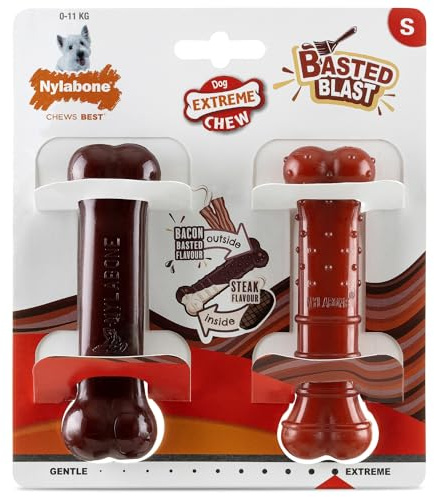 Nylabone, Basted Blast, Effet à mâcher extrêmement Fort, Jouet pour Chiens en Nylon, Forme d'os, Os à mâcher Durable, Goût : Bacon et Steak, Petit, pour Chiens jusqu'à 11 kg, Lot de 2