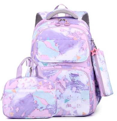 Amythe Sac D'école Cartable Fille Primaire et Secondaire, 3 pièces Comprend Sac à déjeuner et Trousse à Crayons, Imperméable, 32 litres, Sac a Dos pour Enfants Filles 8 10-14 Ans, Pourpre