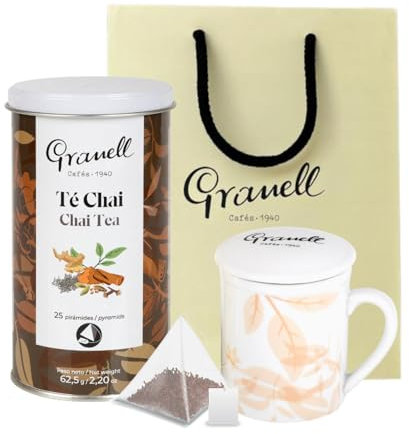 Granell Cafés 1940 · Pack Regalo Té Negro Chai | Bote con 25 Infusiones de Chai Tee con un Toque de Jengibre, Canela, Cardomomo y Clavo en Pirámide + Taza con Tapa y Filtro de Acero Inoxidable