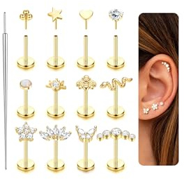 JeweBella 12 Pezzi Naso e Orecchio Piercing per Donna - Acciaio Chirurgico Nostril, Trago, Helix, Labret - Stella, Cuore, Serpente - 20G Oro/Argento