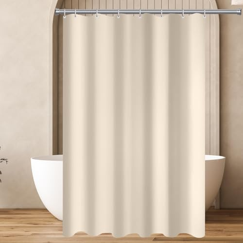 Lerores - Tenda per doccia e vasca da bagno, 100 x 190 cm, beige, con fondo pesante antimacchia, in tessuto impermeabile, lavabile, in poliestere, per bagno, con 8 anelli per tenda da doccia