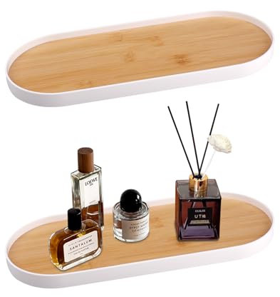 Rongxze 2 Pcs Wooden Trays, Oval Cosmetic Tray, Bathroom Decorative Tray for Cosmetics, Jewellery, Perfumes, Candles and Desserts Coffee Tray (30x12 cm), White Rim