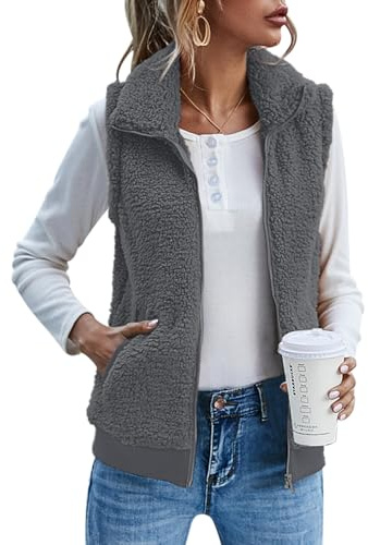 IECCP Gilet in pile teddy da donna, gilet caldo senza maniche per autunno e inverno, giacca teddy casual e leggera, gilet da donna cappotto autunnale con colletto alto, grigio scuro, S