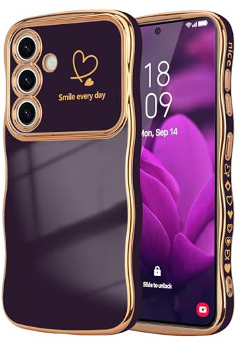 LCHULLE Coque Compatible avec Samsung Galaxy S25 Motif Coeur Housse Portable Forme Ondulée Bouclée avec Protection de Caméra Galvanisé Coque pour Samsung Galaxy S25 Violet Foncé