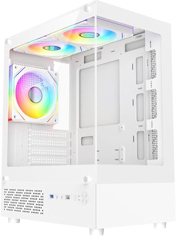 CiT Celsius mATX Gaming PC Case – Panoramic Dual Tempered Glass - Including 3 x 120mm Infinity ARGB Fans, 6-Port PWM Hub - AIO Liquid Cooling Support - USB 3.0, USB 2.0, HD Audio | White