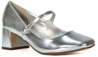 Women's Court Shoes Ladies Mary Jane Low Mid Block Heel Buckle Strap Silver Metallic Work Evening Party Shoes Size 4