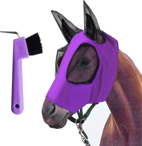 NHQZ de Malla Suave con Orejeras, Máscara de Tábano Flexible, Protección UV, Protección contra Moscas, Protección contra Mosquitos (Máscara de Tábano Morada + Cepillo de Cuidado Morado)