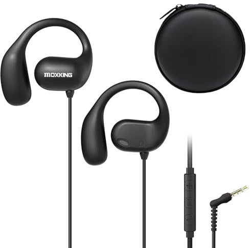 MOXKING Auriculares abiertos con cable con control de volumen de micrófono y llamadas con controles en línea, conector de 3.5 mm y gancho envolvente sobre la oreja