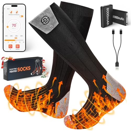 Heated Socks, 8000mAh Electric Heated Socks for Men and Women App Control with 4 Levels Heat Settings Rechargeable Winter Foot Warmer 360° Feet Warm Heating Stocking Thermal for Camping Hiking (L)