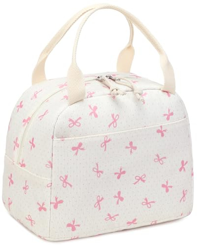 LEDAOU Lunch Box for Women Insulated Lunch Bag Corduroy Lunch Tote Bags Leakproof Cooler Lunch Case for Travel Work Picnic (Pink Bow)