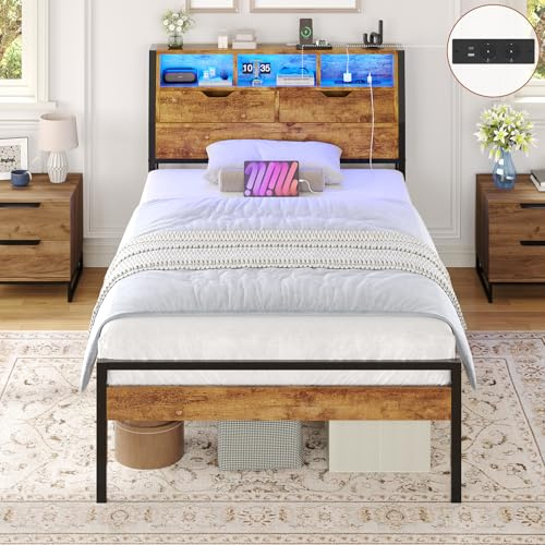 Brinlawb Struttura Letto Singolo 90x200 cm con Testiera in Legno Lavorato e Spazio di Stoccaggio Nascosto, Letto Singolo con Luce LED e Stazione di Ricarica (2 Prese CA 2 Porte USB) Marrone Vintage