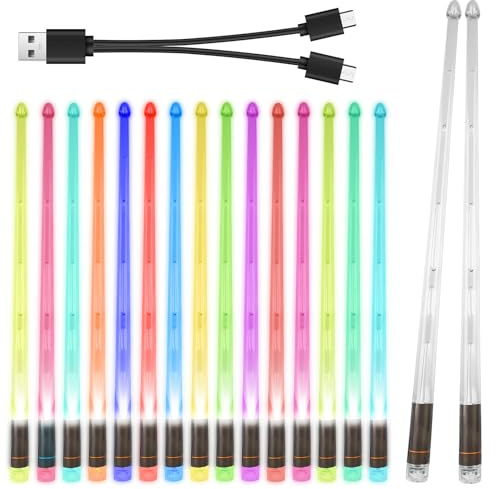 1 par de baquetas LED de 5 A para batería luminosas, con función de carga, para instrumentos musicales, grandes eventos nocturnos (15 colores)