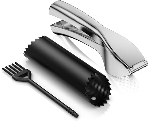 Arendo – Edelstahl Knoblauchpresse Ingwerpresse – Zinklegierung – leicht zu greifen, große Hebelwirkung – inkl. Knoblauchschäler und Reinigungsbürste - für Knoblauch und Ingwer