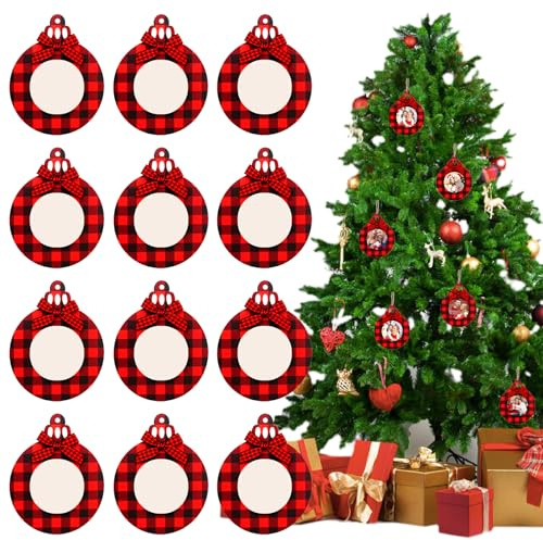 lelewangluo julgransprydnad, 12 stycken julgransprydnader, trä, fotoramar, julgranspynt, rött hänge för julgransdekoration och juldekorationer