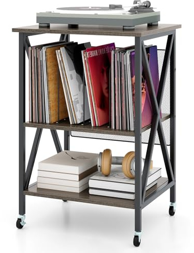 COSTWAY Record Player Stand, Rolling Turntable Stand End Sofa Side Table with Dividers, Shelf & Wheels, Albums Vinyl Record Storage Cabinet for Living Room Bedroom (without Charging Station, Grey Oak)